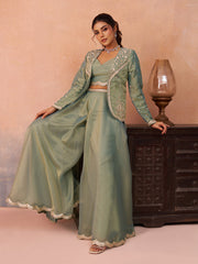 Sage Green Tissue Floral Embroidered Crop Top with Jacket and Flared Palazzo Set