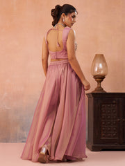 Pink Tissue Beads Embroidered Crop Top with Flared Cape and Flared Palazzo Set