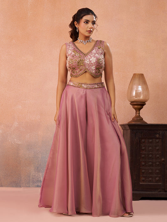 Pink Tissue Beads Embroidered Crop Top with Flared Cape and Flared Palazzo Set
