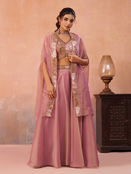 Pink Tissue Beads Embroidered Crop Top with Flared Cape and Flared Palazzo Set