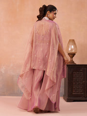 Pink Tissue Beads Embroidered Crop Top with Flared Cape and Flared Palazzo Set