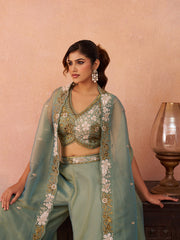 Sage Green Tissue Beads Embroidered Crop Top with Flared Cape and Flared Palazzo Set