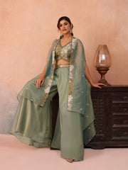 Sage Green Tissue Beads Embroidered Crop Top with Flared Cape and Flared Palazzo Set