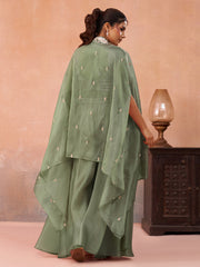 Sage Green Tissue Beads Embroidered Crop Top with Flared Cape and Flared Palazzo Set