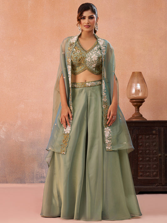 Sage Green Tissue Beads Embroidered Crop Top with Flared Cape and Flared Palazzo Set