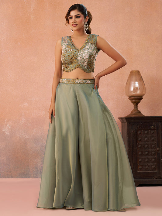 Sage Green Tissue Beads Embroidered Crop Top with Flared Cape and Flared Palazzo Set