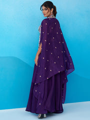 Royal Purple Crepe Beads Embroidered Crop Top with Flared Cape and Flared Palazzo Set