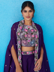 Royal Purple Crepe Beads Embroidered Crop Top with Flared Cape and Flared Palazzo Set