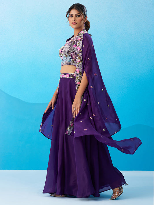 Royal Purple Crepe Beads Embroidered Crop Top with Flared Cape and Flared Palazzo Set