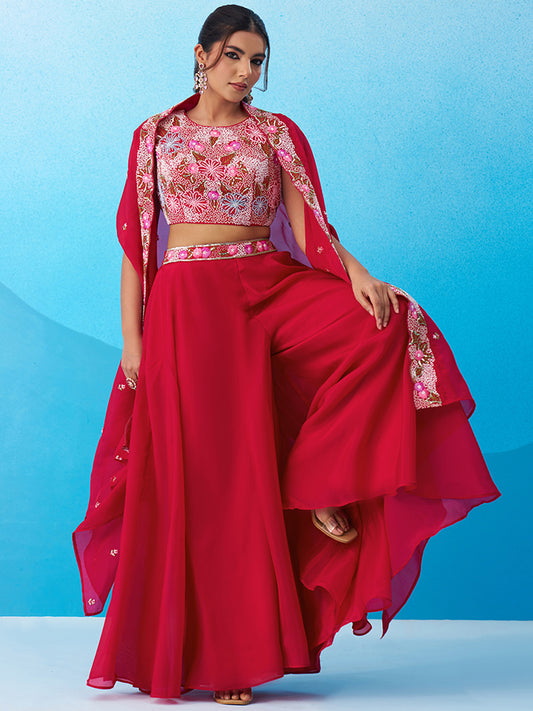 Pink Crepe Beads Embroidered Crop Top with Flared Cape and Flared Palazzo Set