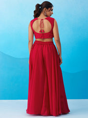 Pink Crepe Beads Embroidered Crop Top with Flared Cape and Flared Palazzo Set