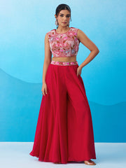 Pink Crepe Beads Embroidered Crop Top with Flared Cape and Flared Palazzo Set