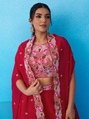Pink Crepe Beads Embroidered Crop Top with Flared Cape and Flared Palazzo Set