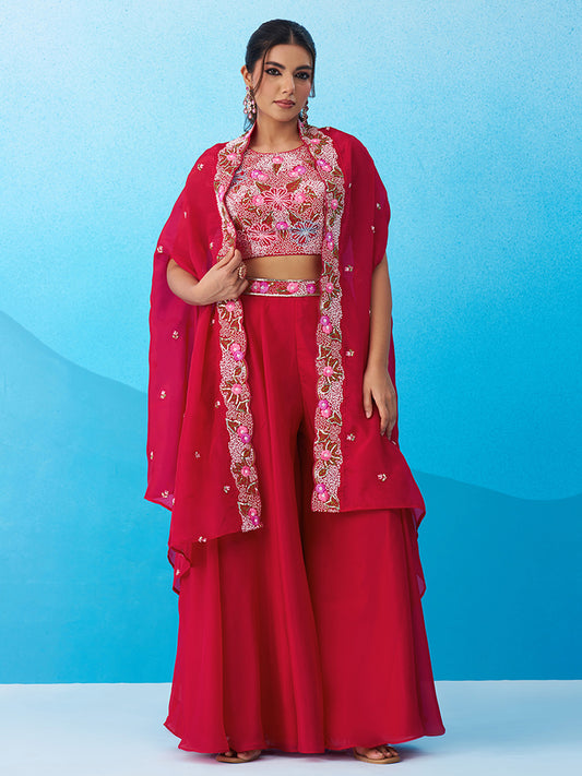 Pink Crepe Beads Embroidered Crop Top with Flared Cape and Flared Palazzo Set
