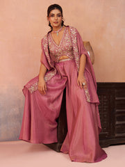 Pink Crepe Beads Embroidered Crop Top with Flared Cape and Flared Palazzo Set