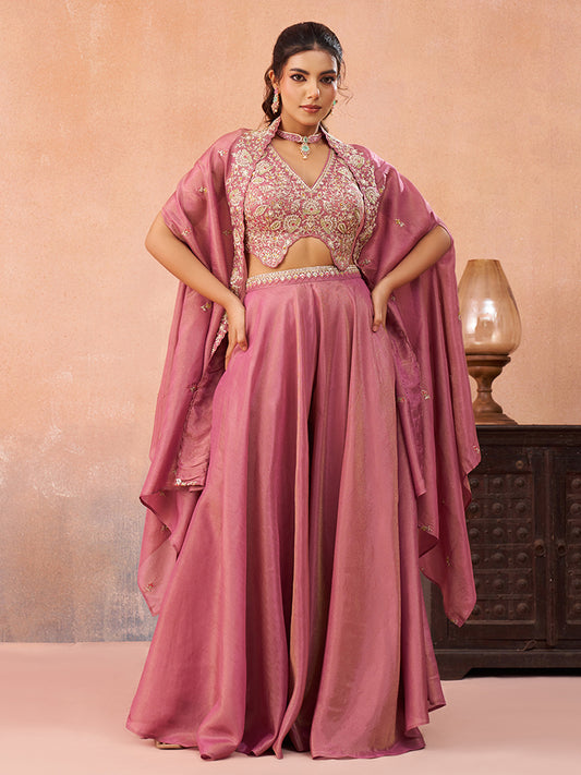 Pink Crepe Beads Embroidered Crop Top with Flared Cape and Flared Palazzo Set