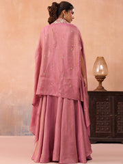 Pink Crepe Beads Embroidered Crop Top with Flared Cape and Flared Palazzo Set