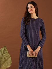 Purple Ethnic Woven Design Round Neck Panelled Cotton A-Line Kurta