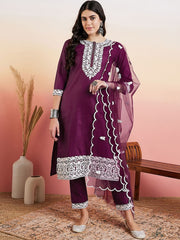 Maroon Floral Embroidered Straight Thread Work Kurta With Trousers & Dupatta