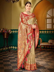Women Gold Soft Silk Zari Woven Traditional Saree with Swaroski Diamonds