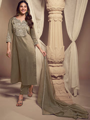 Amyra Dastur Beige Floral Yoke Design Thread Work Pure Silk Straight Kurta with Trousers & Dupatta