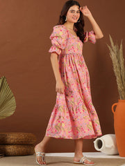 Pink Floral Printed Pure Cotton Fit & Flared Ethnic Dress