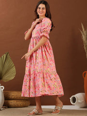 Pink Floral Printed Pure Cotton Fit & Flared Ethnic Dress
