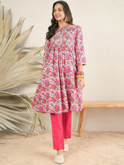 Pink Floral Printed Keyhole Neck A-Line Pleated Kurta