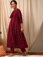 Maroon Ethnic Motifs Printed Tie-Up Neck Anarkali Kurta