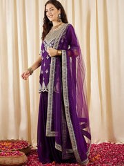 Purple Ethnic Motifs Embroidered Regular Sequined Kurti with Sharara & Dupatta