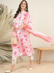 White & pink Floral Printed Mandarin Collar Regular Kurta & Trousers & Dupatta