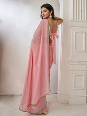 Pink Mirror Work Poly Georgette Saree