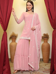 Pink Sequence Embroidered Kurta With Sharara & Dupatta