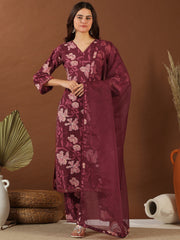 Maroon Floral Printed V-Neck Straight Kurta with Trousers & With Dupatta