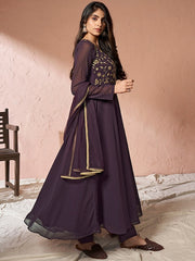 Floral Embroidered Thread Work Anarkali Kurta & Trousers With Dupatta