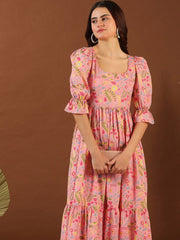 Pink Floral Printed Pure Cotton Fit & Flared Ethnic Dress