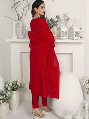 Amyra Dastur Red Floral Regular Thread Work Pure Silk Straight Kurta with Trousers & Dupatta