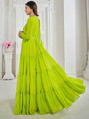 Green Gotta Patti Belted Georgette Fit & Flare Ethnic Dress & Dupatta