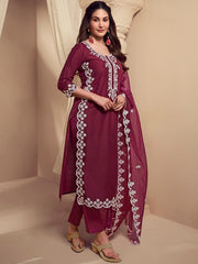 Amyra Dastur Burgundy Floral Regular Thread Work Pure Silk Straight Kurta with Trousers & Dupatta