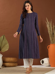 Purple Ethnic Woven Design Round Neck Panelled Cotton A-Line Kurta