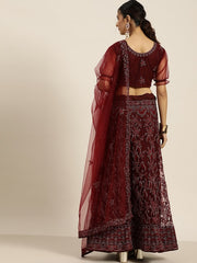 Maroon Embroidered Beads and Stones Semi-Stitched Lehenga & Unstitched Blouse With Dupatta