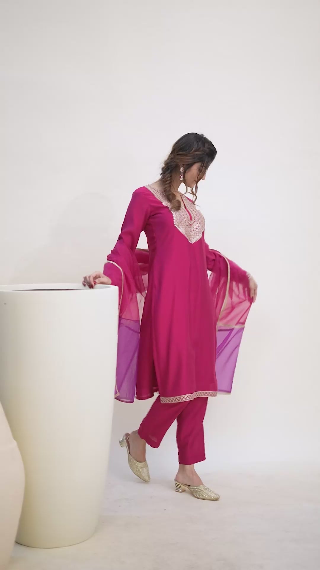 Yoke Design Regular Thread Work Chanderi Cotton Kurta with Trousers & With Dupatta
