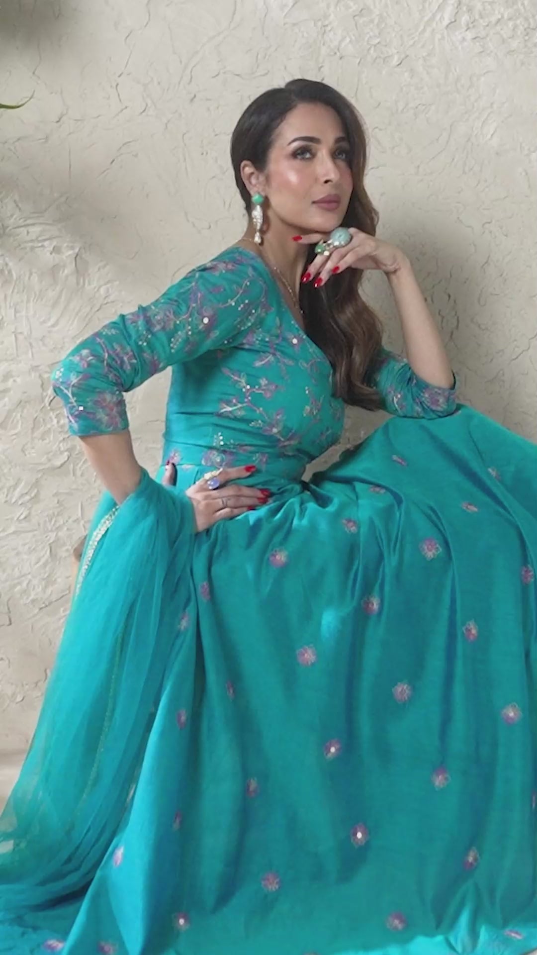 Malaika Arora Turquoise Blue Multi Thread and Sequines Embroidered Anarkali Kurta Set
