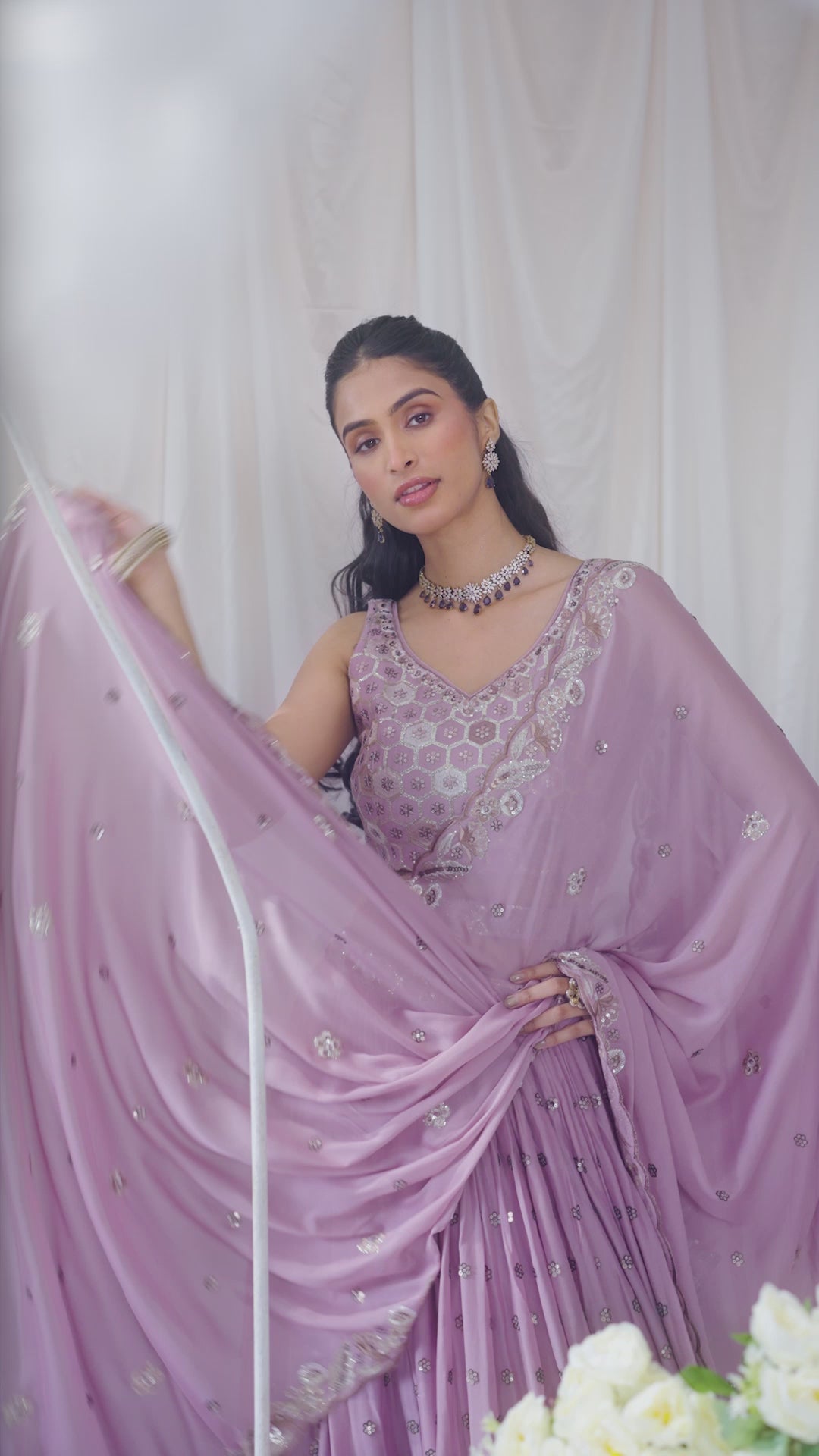 Lavender Georgette Sequin embroidery Semi Stitched Lehenga choli and Dupatta