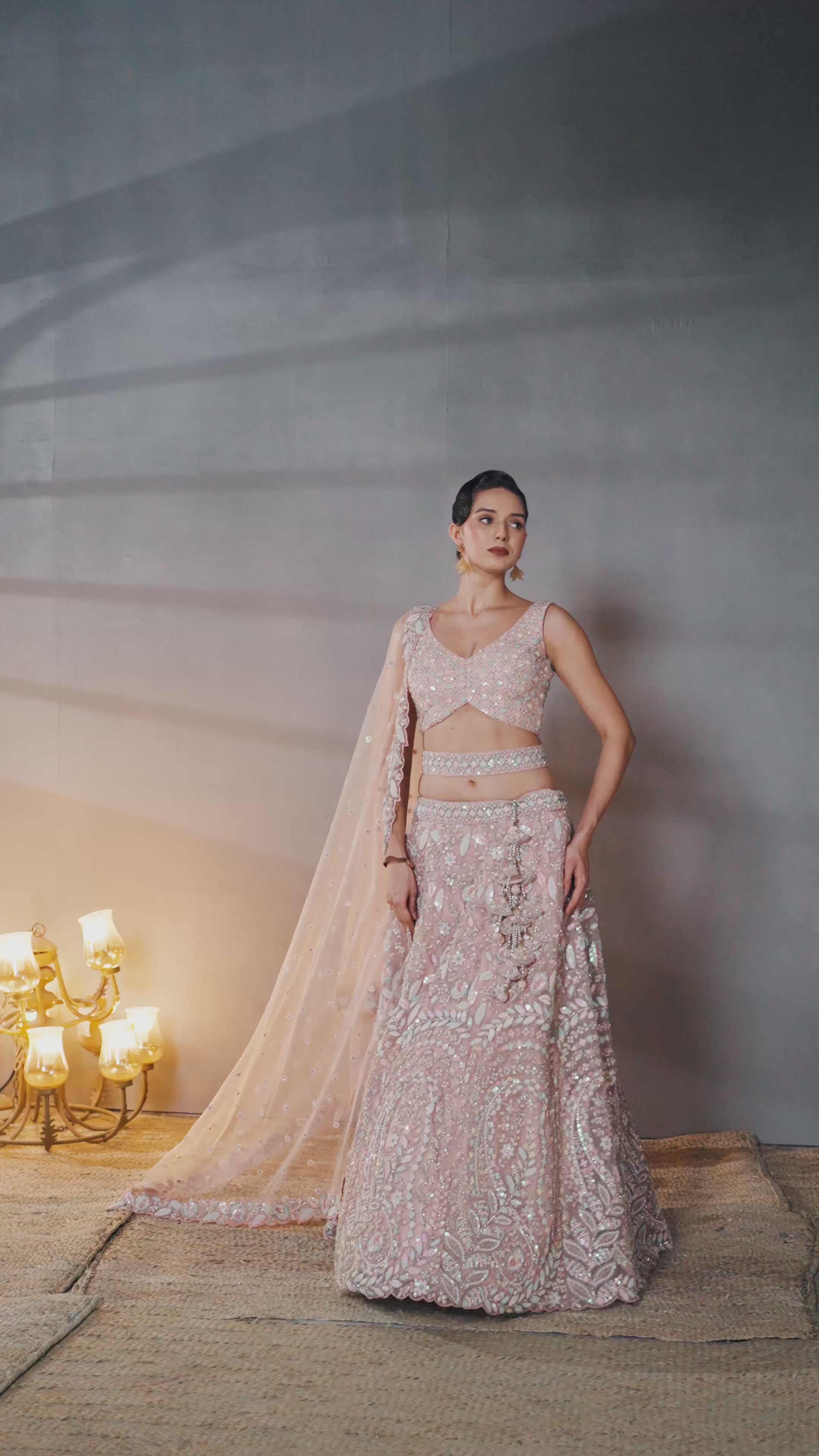 Pink Net Multi Sequins with heavy Zarkan embroidery Semi Stitched Lehenga choli and Dupatta