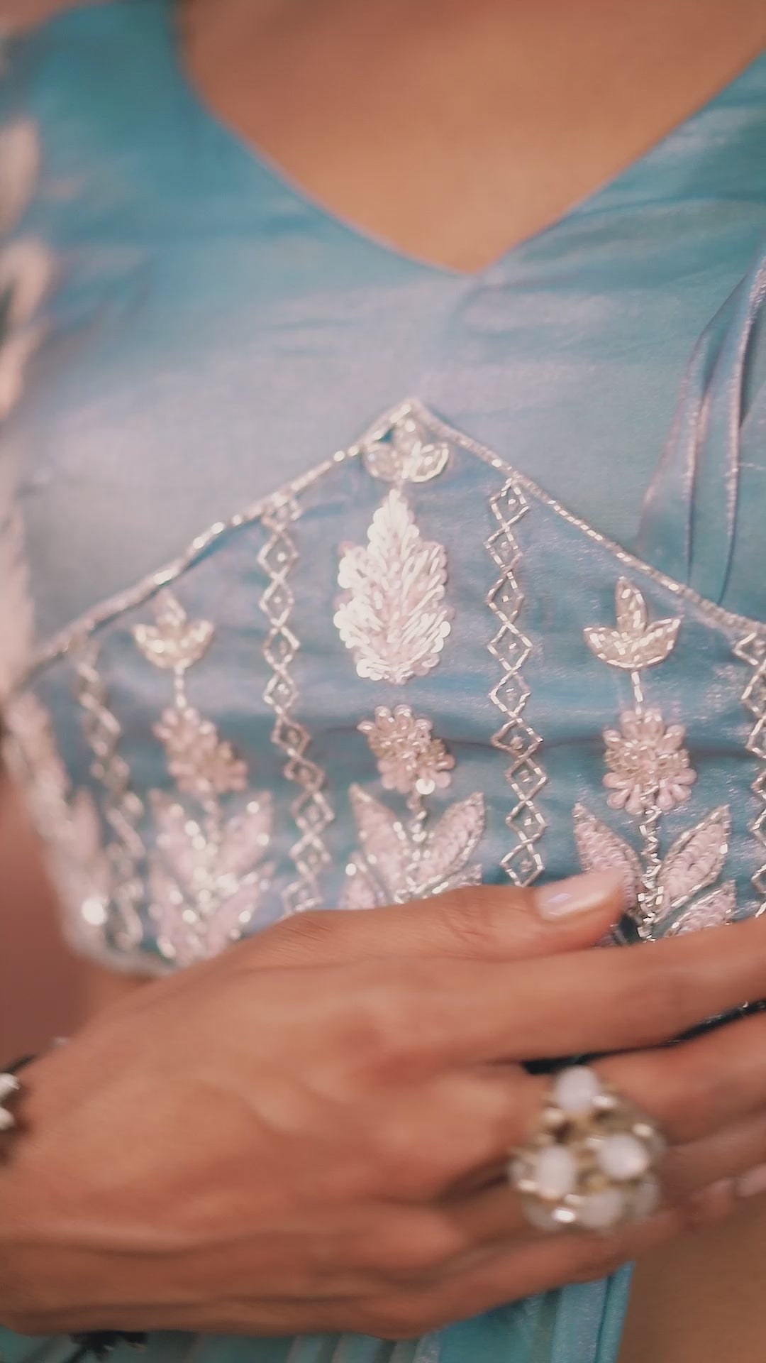 Demanding Blue Hand Work Organza Ready To Wear Saree With Blouse