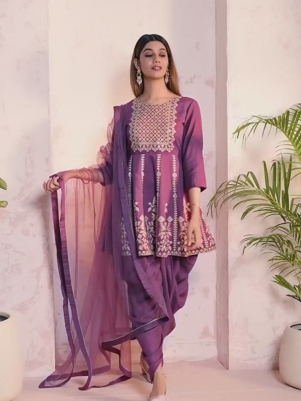 Women Ethnic Motifs Yoke Design Empire Thread Work Kurta with Dhoti Pants & With Dupatta