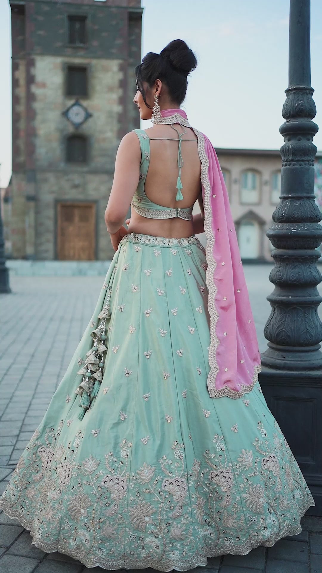 Lime green Satin Silk Sequins embroidery Semi-Stitched Lehenga choli and Dupatta