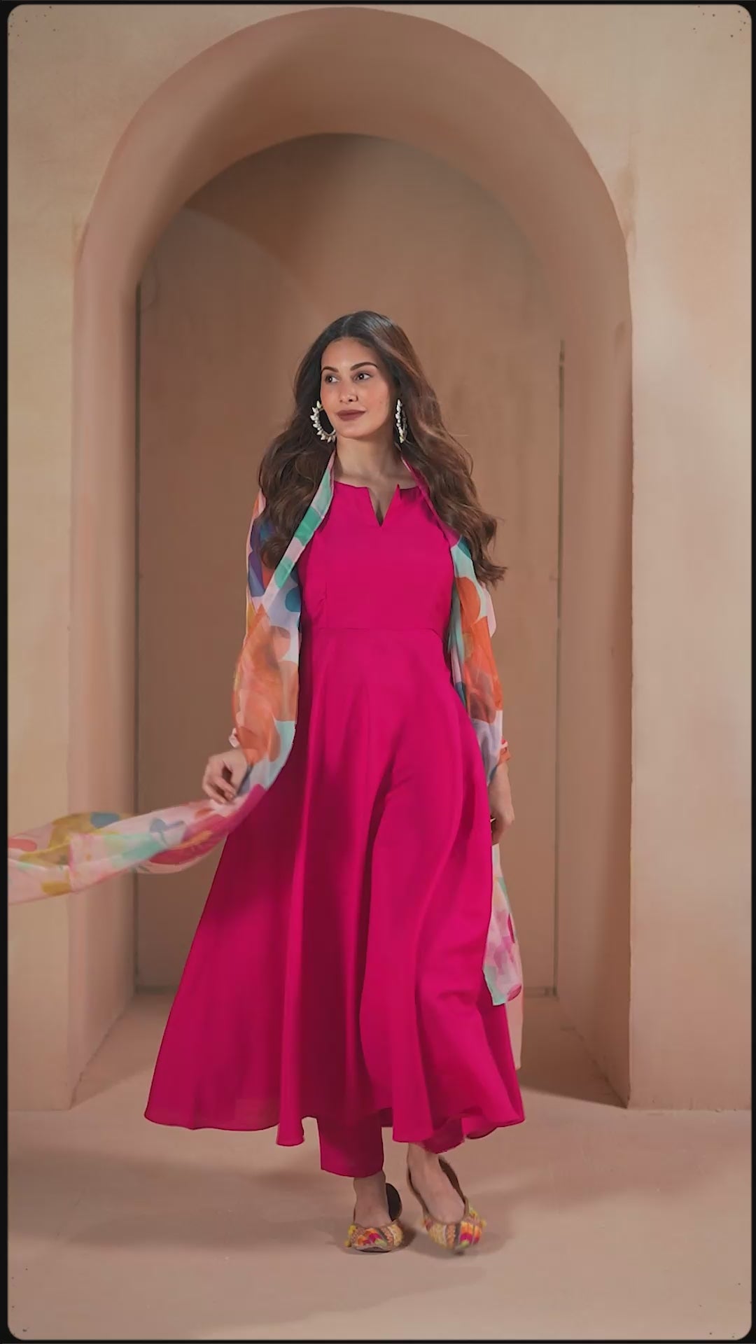 Amyra Dastur Magenta Notch Neck Floral Regular Pure Silk Anarkali Kurta with Trousers & Dupatta