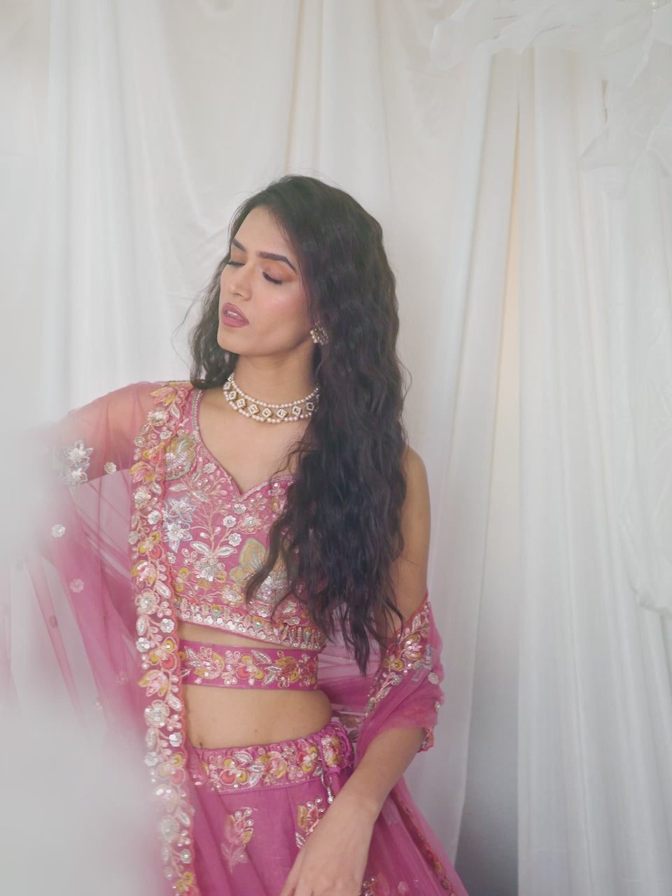 Pink Organza Sequins embroidery Semi Stitched Lehenga choli and Dupatta